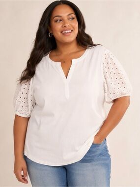Lane Bryant Plus Size 26/28 White Eyelet Puff Sleeve Ribbed Top Cottage NWT